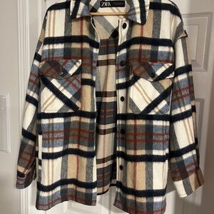 Zara Women's Checkered Utility Jacket - Cream, Black, Brown